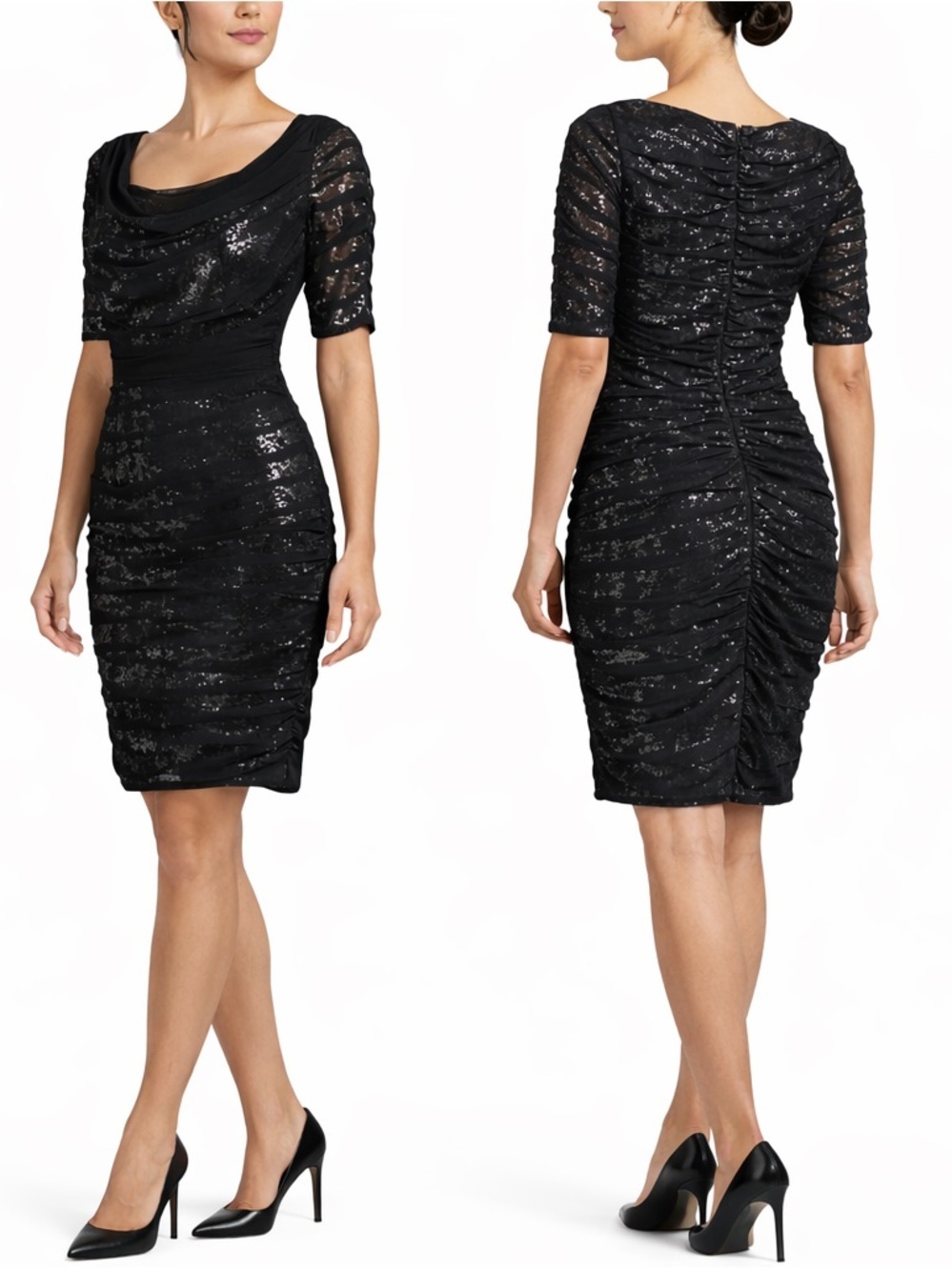 Tadashi Shoji Black Cocktail Dress Sequin Mesh Ruched Excellent Size 6P